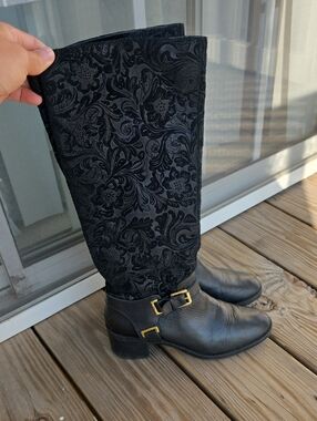 Ralph Lauren Black Patterned Tall Leather Boots with Gold Buckles